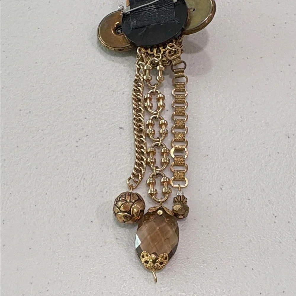 Vintage Glass & Metal Button Brooch with charms—BEAUTIFUL! Glass Beads—Artisan